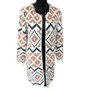 Cozy Boho Aztec Tribal Western Fuzzy Knit Long Cardigan Sweater Duster Coat Sz M